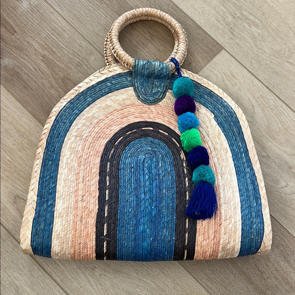 Artisan Woven Tote Bag with Pom Poms